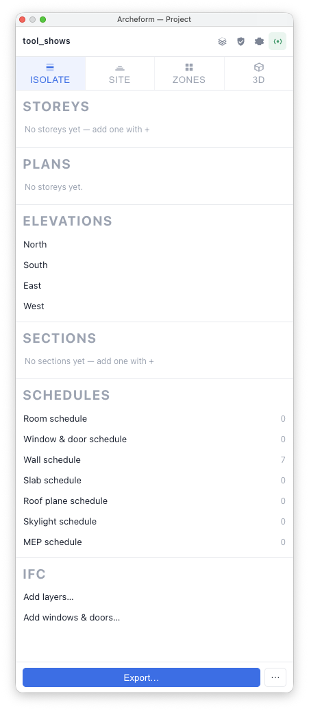 The Project palette in a new model: no storeys yet, the four elevations, empty schedules and the IFC actions.