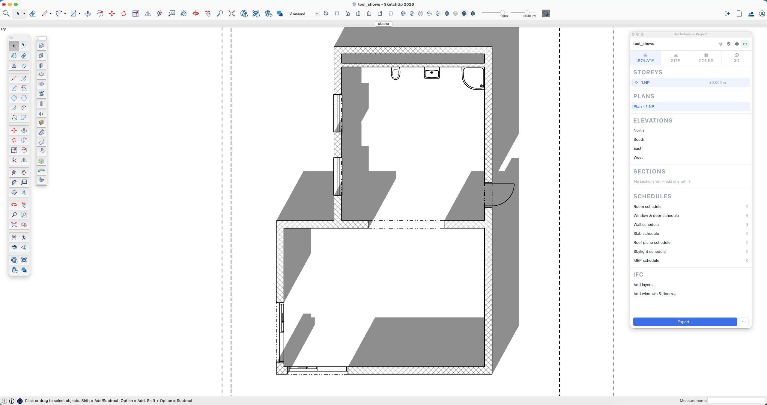 A generated plan with walls cut and hatched by material, next to the Project palette.