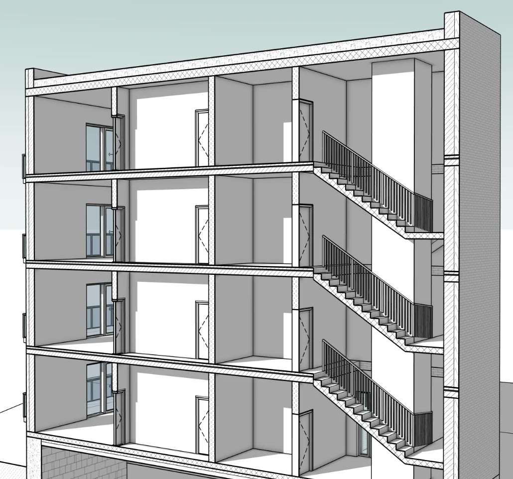 Perspective section through a five-storey building modelled in SketchUp with Archeform: layered walls and slabs, windows, doors and a stair, each tagged with its IFC class.